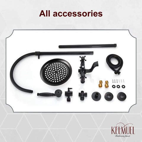 Components of Oil Rubbed Bronze Exposed Pipe Shower System with 8 Inch Rainfall Round Head, Wall Mount Mixer, Accessories.