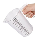 Food Grade Plastic Measuring Pitcher 32 Oz Four Cup With Handle for liquid mixing, clear polycarbonate, side view