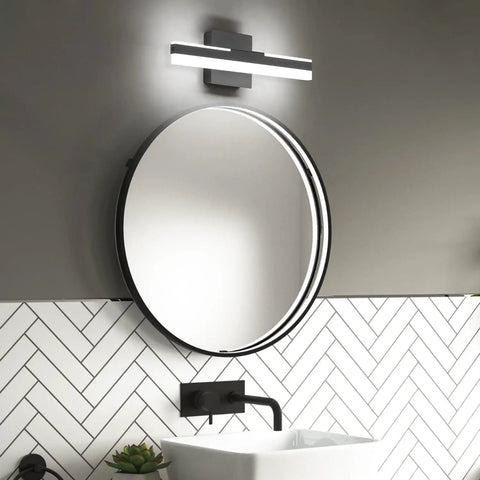 Bathroom with LED Vanity Light Bar For Bathroom Dimmable 23.63 Inch Slick Black Wall Mount Sconce Lamp above round mirror
