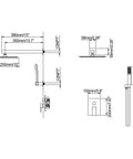 Technical drawing of Brushed Gold Overhead Rain Shower System With 10 Inch Rain Head And Handheld, dimensions shown