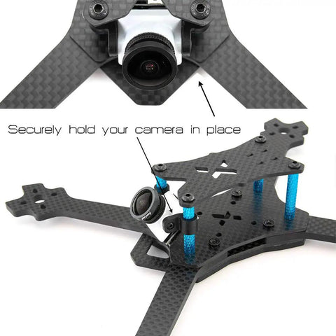 Four Pack Universal FPV Camera Mounts Rubber 5mm For Drones No Fuss Tight Fit Over Standard Standoffs, shown on drone frame