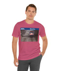 Fresh Heather Blend T Shirt Celebrating Winnetka Up N Metra Union Pacific North Train Station on model in heather raspberry.