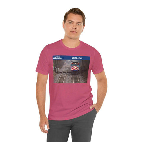 Fresh Heather Blend T Shirt Celebrating Winnetka Up N Metra Union Pacific North Train Station on model in heather raspberry.