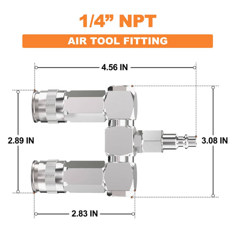 Diagram of 2 Way Air Manifold And Hose Splitter With 3 Ports Heavy Duty Steel Construction, showing dimensions and connectors.