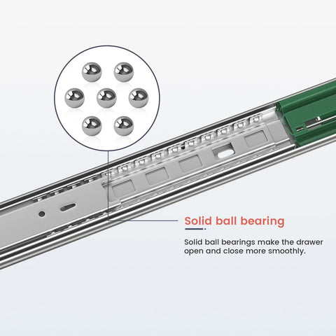 Six Pair 24 Inch Heavy Duty Side Mount Drawer Slides With Whisper Quiet Soft Close Glide featuring solid ball bearings for smooth operation.