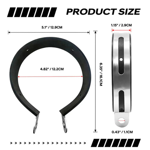 Sturdy Stainless Steel Motorcycle Exhaust Clip Brackets With Rubber Cushions, side and front view, 4 in inner diameter, size 6.35x5.1x1.15 in