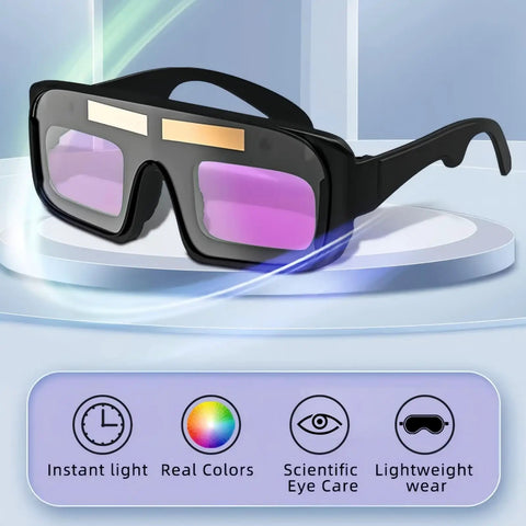 Rugged No Nonsense Laser Safety Glasses Equipped With Auto Darkening Lens Tech, showcasing purple lenses and adjustable black frame.