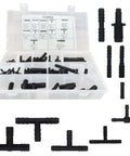 Front view of BELOMI 113-piece nylon vacuum connector kit in clear plastic case with 12 sizes of hose tees