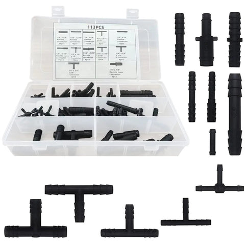 Front view of BELOMI 113-piece nylon vacuum connector kit in clear plastic case with 12 sizes of hose tees