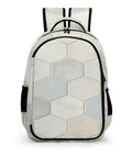 Front view of neutral marble hexagon tile texture printed unisex backpack with large capacity for daily use durable polyester daypack