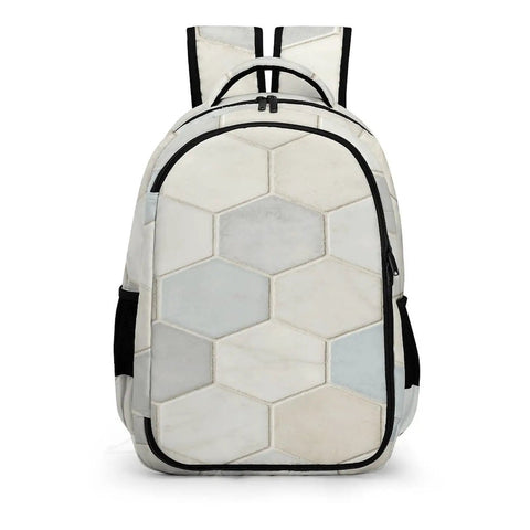 Front view of neutral marble hexagon tile texture printed unisex backpack with large capacity for daily use durable polyester daypack