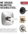 MultiChoice Universal Rough-In Valve R10000-MF No-Fuss Shower Valve trims in chrome, matte black, bronze, and brushed nickel