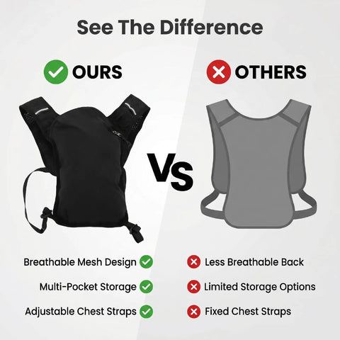 Comparison of hydration vest pack with breathable nylon vs. less breathable pack, highlighting chest strap and pocket features.