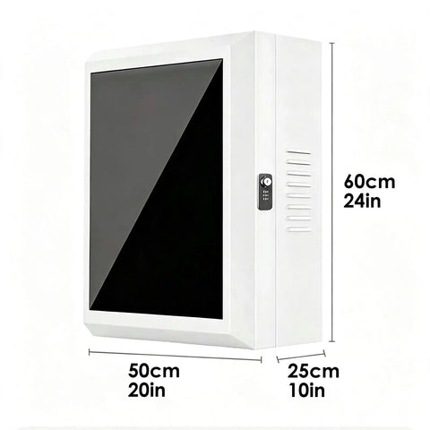Custom Wall-Mounted EV Charger Cover Box Outdoor All-Weather Shield Protects Charging Station From Harsh Elements Including Sun Storms And Debris Keeps Your Ride And Gear Safe From Hail And Snow, 24x20x10 inches, white steel box with lock.