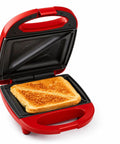 Open Sanzinaz 520W Electric Sandwich Maker Grill with Nonstick Plates Compact Panini Press, featuring a toasted sandwich.