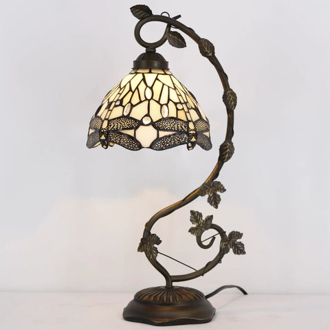 Amber Tiffany Style Dragonfly Table Lamp With Stained Glass Shade And Metal Leaf Base, UL Listed, bronze finish