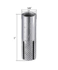 20 Pack One Quarter Inch Premium Stainless Steel Knurled Drop-In Anchors For Solid Concrete Internal Forced Expansion Heavy Duty Concrete Fasteners Easy Install Rust Resistant, close-up view of one anchor with measurements