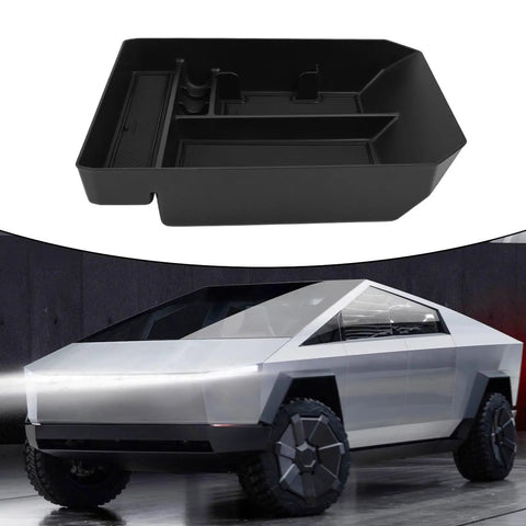 Straight Up Solid Setup For Tesla Cybertruck Center Console Organizer 2024 And 2025 Custom Molded TPE black tray for console storage.