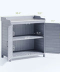 Outdoor Potting Bench With Metal Tabletop And Double Doors Cabinet, dimensions and open cabinet view
