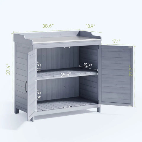 Outdoor Potting Bench With Metal Tabletop And Double Doors Cabinet, dimensions and open cabinet view