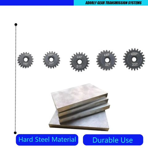 Heavy Duty Hardened Steel RC Pinion Gear Set 19 To 23 Teeth 3 MM Bore 48P Pitch Upgrades For Traxxas Slash 4X4 ERevo Summit And Rustler Raptor Models, featuring sizes 19T to 23T.