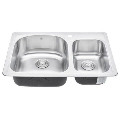 Built Tough 18 Gauge Stainless Steel Kitchen Sink with Double Basin, 70/30 Offset, 33 by 22 by 8 Inches, Top Mount or Drop In