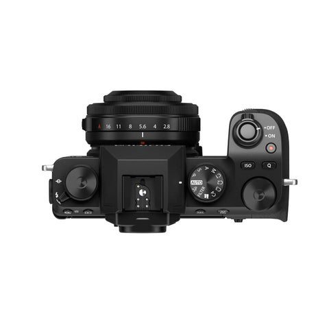 Top view of Weather Resistant Prime Lens XF27mmF2.8 R WR mounted on X Series camera showcasing aperture ring detail.