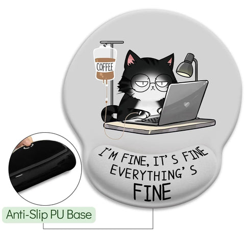 Ergonomic Mouse Pad With Gel Wrist Rest For Comfort And Pain Relief, Non Slip PU Base, Cute Desk Sidekick, cat design, top view