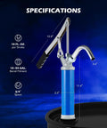Orion Motor Tech lever-action barrel pump with blue cylinder; fits 15–55 gal drums, 3/4 in spout, 10 fl oz per stroke.