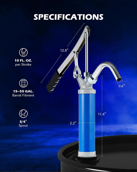 Heavy Duty Lever Action Barrel Pump Kit Pack Of 2 With Telescoping Suction Tube dimensions shown on a dark background.