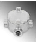 Top Shelf Stainless Steel Conduit Outlet Box With Triple Three Quarter Inch GUAT Hubs Explosionproof Rating shown from above, highlighting its sturdy design.