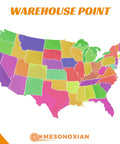 Colorful U.S. map highlighting states with 'Warehouse Point' title, showcasing geographical distribution and regions.
