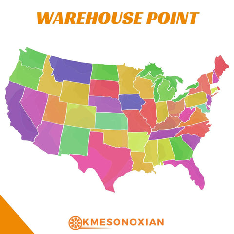 Colorful U.S. map highlighting states with 'Warehouse Point' title, showcasing geographical distribution and regions.