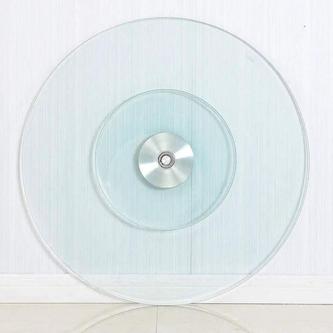 Tempered Glass Lazy Susan Turntable Plate With Aluminum Bearing Heavy Duty Round Serving Tray 43 Inch Diameter on floor