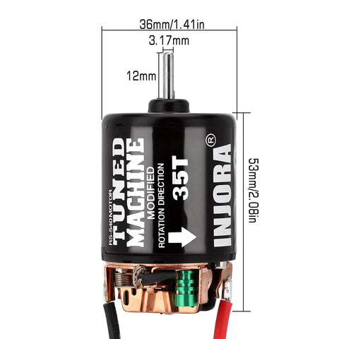 Close-up view of 540 Brushed Motor 35T Waterproof For 1 By 10 RC Crawler Cars, showing direct solder tabs, dimensions labeled.