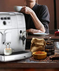 Automatic Home Espresso Machine With Milk Frother Barista Style And 19 Bar Pressure in kitchen setting with coffee accessories