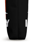 Side view of Racing Themed Tote Bag For Dragon Boat Teams And Coaches, black polyester canvas with text detail.
