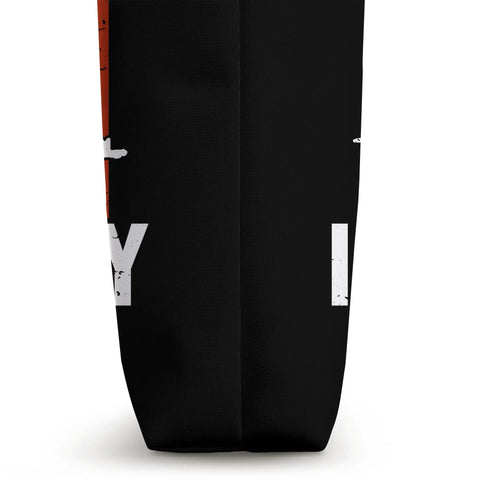 Side view of Racing Themed Tote Bag For Dragon Boat Teams And Coaches, black polyester canvas with text detail.