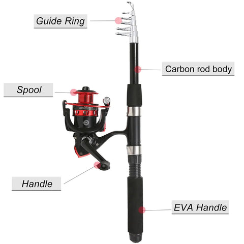 6.9ft Telescopic Fishing Rod Set 2 Pack With Carbon Fiber Poles 2 Spinning Reels Carrier Bag Freshwater Rod Combo Red