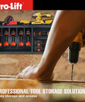 Cordless Drill Organizer Wall Mount Rack With Five Hanging Slots for tools in use, mounted on wooden wall, professional storage