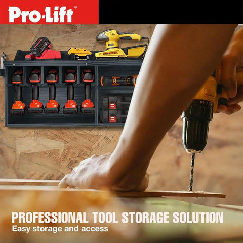Cordless Drill Organizer Wall Mount Rack With Five Hanging Slots for tools in use, mounted on wooden wall, professional storage