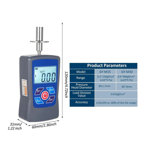 Big Time Digital Fruit Hardness Tester Meter Mini Penetrometer And Durometer Gauge for Pears Grapes and Oranges shown with measurements.