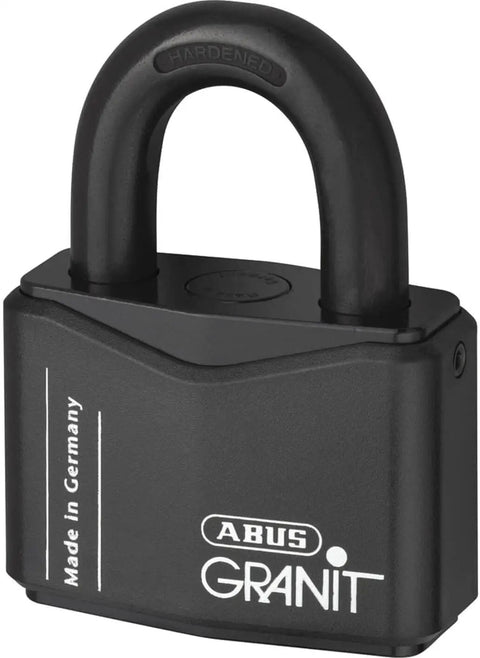 Granit Plus 14 Mm Hardened Steel Open Shackle Padlock Carded With Cataphoretic Coating, black alloy body, side view