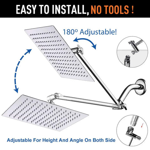 High Pressure Stainless Square Rain Shower Head With Arm Delivers Full Body Coverage And Soothing Waterfall, adjustable arm