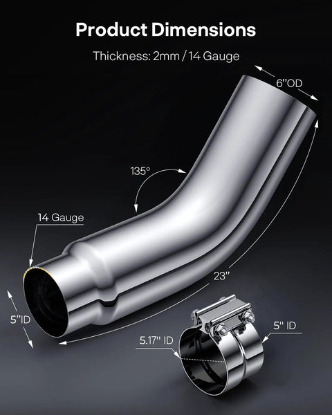 5 To 6 Inch Exhaust Elbow Tip With Clamp Chrome Diesel Tip For Pickup Trucks And Cars 5 Inch Inlet 6 Inch Outlet with dimensions