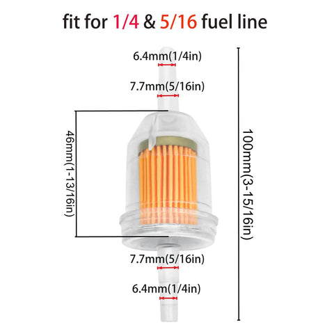 Inline Fuel Filter With Magnet For One Quarter And Five Sixteenth Inch Fuel Lines dimensions and compatibility