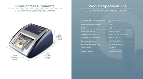 D450 Counterfeit Money Checker with Ultraviolet, Magnetic Ink, Infrared, Watermark and Micro Printing Detection in Under One Second