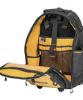 Pro Rolling Tool Backpack On Wheels With IP54 Weatherproof Compartment and Rugged 1680D Fabric, open view, displaying pockets.