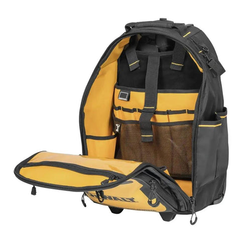 Pro Rolling Tool Backpack On Wheels With IP54 Weatherproof Compartment and Rugged 1680D Fabric, open view, displaying pockets.