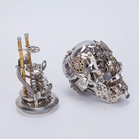 Dope 3D Metal Puzzle For Adults Mechanical Steampunk Skeleton Model Kit With 200+ Pieces, Durable Stainless Steel And Copper Parts, Desk Display Ornament, Compact Skeleton Sculpture For Office, Studio Or Gaming Room Decor. 84 x 71 x 165 mm, side and front views